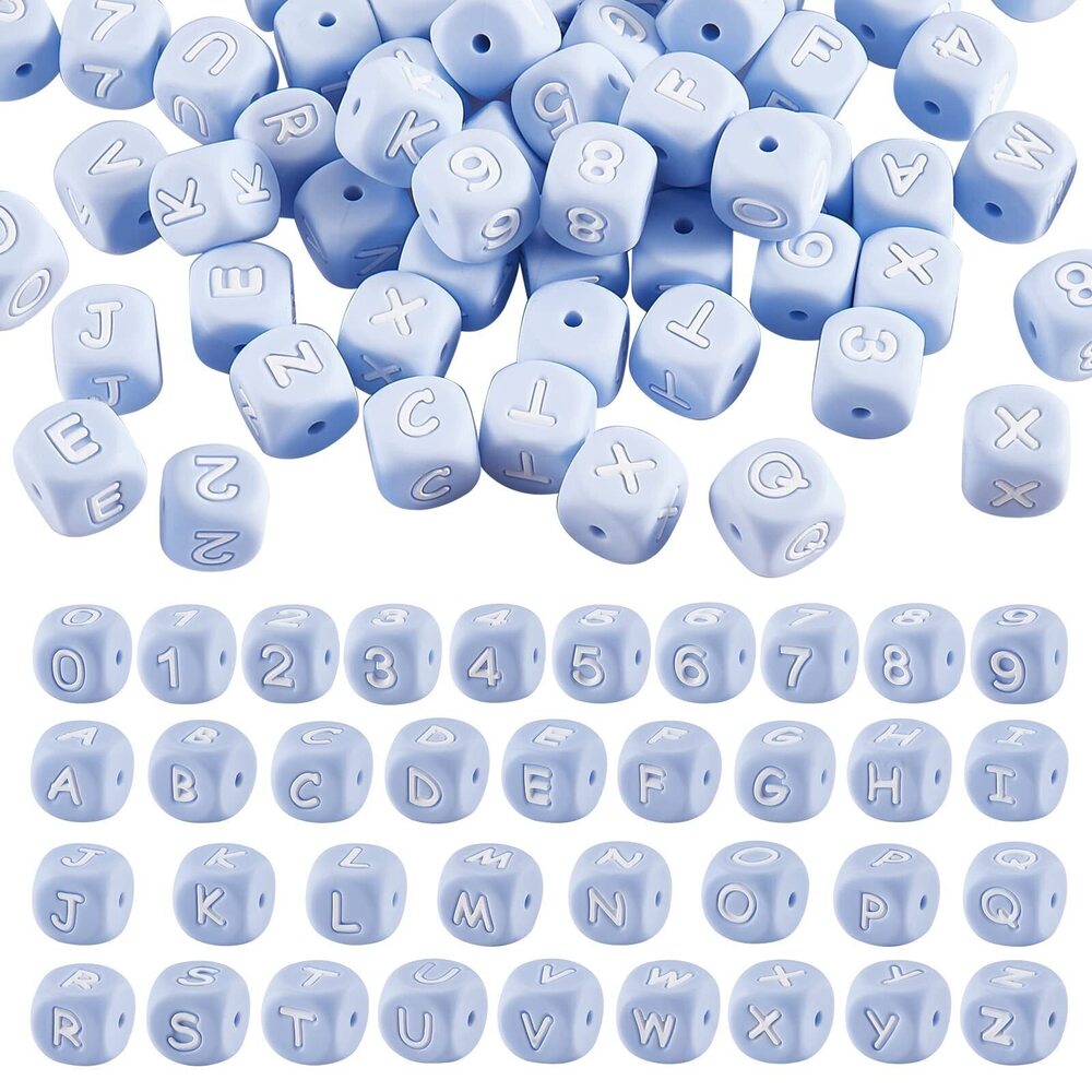 9134 108 Pcs Blue Cube Silicone Beads Letter Number Square Dice Alphabet